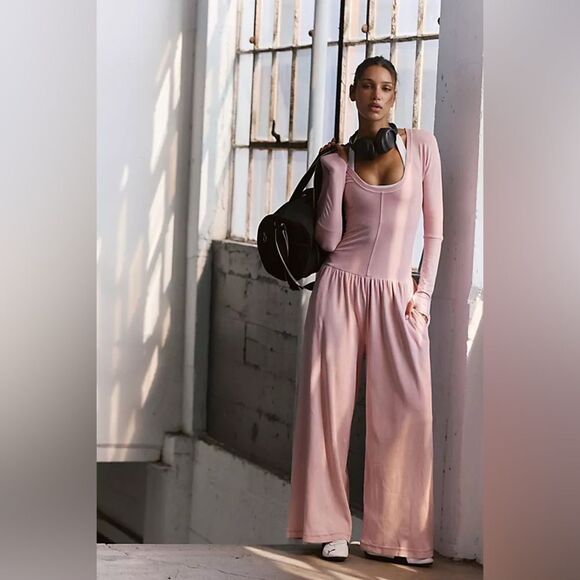 free people movement Pants - FP Movement Hot Shot Wide Leg Onesie Pink Long-Sleeve Jumpsuit Small Free People